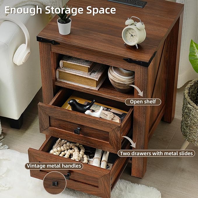 Nightstand with Charging Station and USB Port, Farmhouse Side End Table with 2 - Image 5
