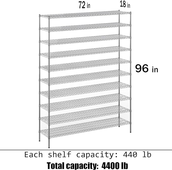 18" Deep x 72" Wide x 96" Height Wire Shelving Kit | 10-Tier | NSF Commercial - Image 3