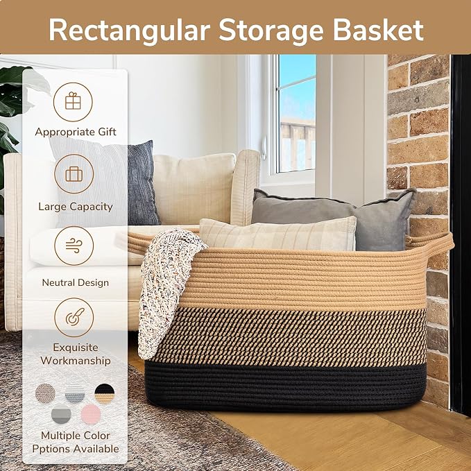 Goodpick Woven Blanket Basket, 21.6" x 14.9" x 11.8" Wicker Laundry Basket - Image 7