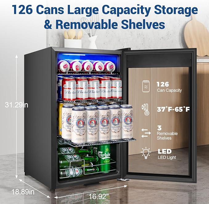 17 Inch Black Beverage Refrigerator- 126 Can Glass Door Beer Cooler - Image 3