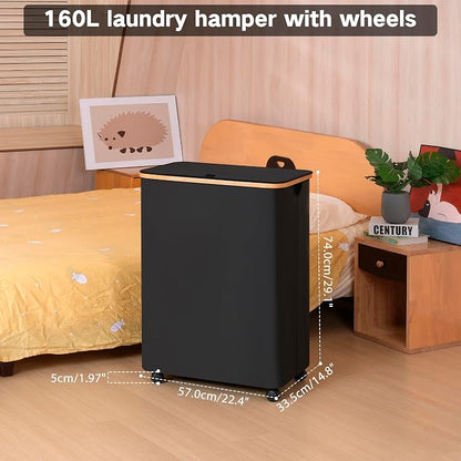 Lagre Laundry Basket with Wheels, Laundry Hamper with Lid, 160L Clothes Hamper - Image 2