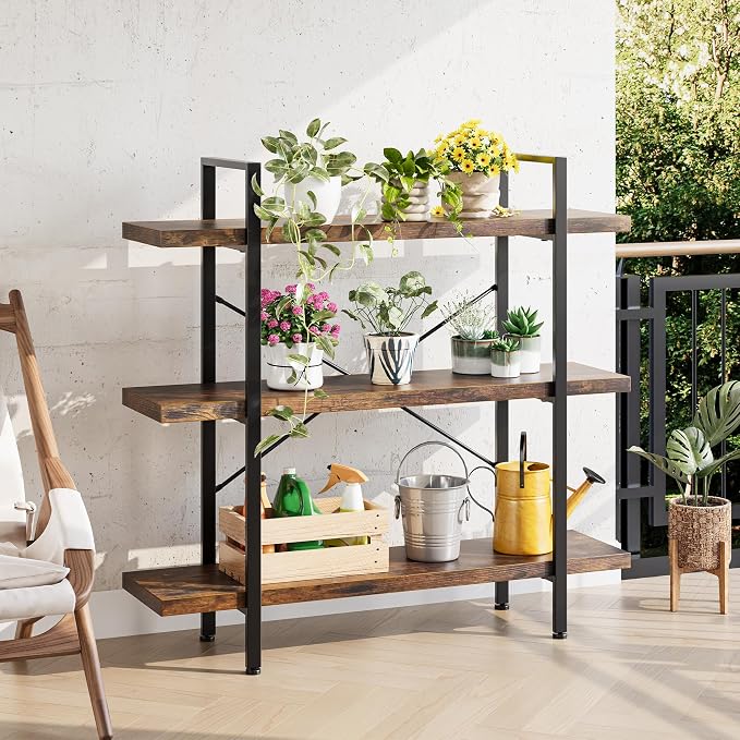 Heavy Duty 3-Tier Industrial Bookcase, 120lbs Shelf Capacity, Rustic Open - Image 5