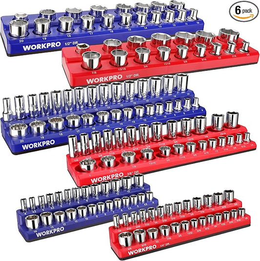 WORKPRO Magnetic Socket Organizer Set, 6-Piece Socket Holder Set Includes 1/4" by WORKPRO