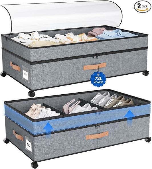 Under Bed Storage with Wheels, 72L XXL Under the Bed Storage Containers Large by Mqaue