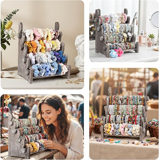 TOPNEW 4 Tier Wooden Bracelet Holder, Scrunchie Bangle Watch Necklace Display - Image 7