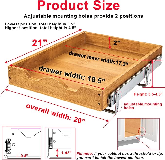 DINDON 1 Tier Pull Out Cabinet Organizer Single Tier Heavy Duty Slide Out Wood - Image 2