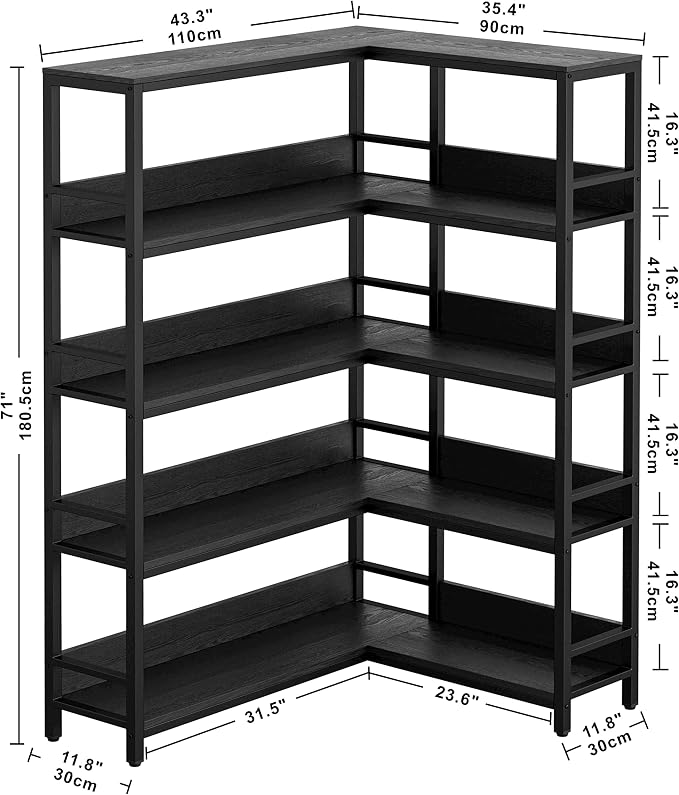 IRONCK Corner Bookshelf 5 Tiers, Industrial Corner Bookcase - Image 3