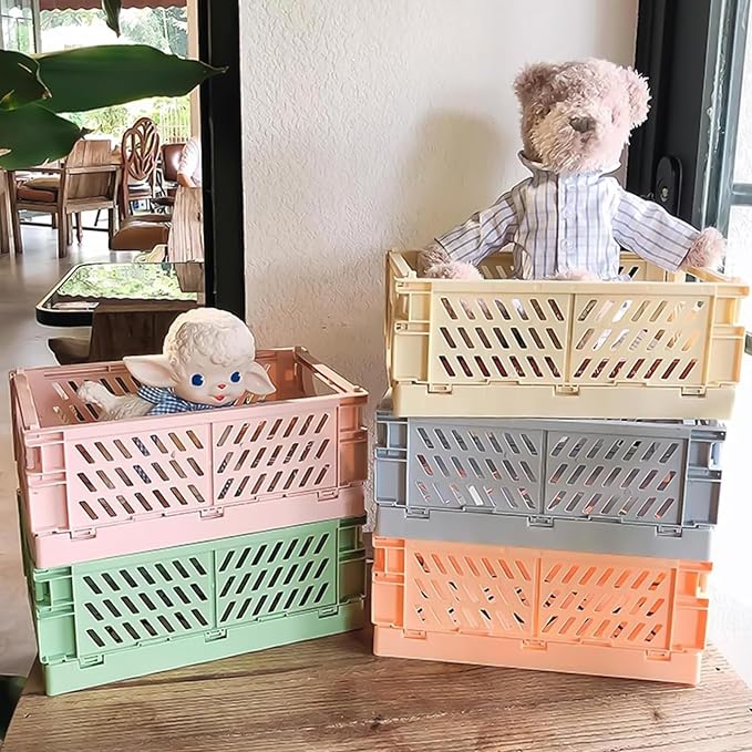 Small Pastel Plastic Storage Bins 2Pcs Foldable Pastel Crates Plastic Basket - Image 4