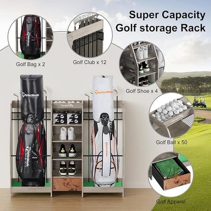 Golf Bag Storage Organizer for Garage, Premium Wooden 2 Golf Bags Rack - Image 2