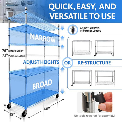 4000 LBS Heavy Duty Wire Rack 48 x 18 x 76, 5-Tier NSF Commercial Rolling Rack - Image 2