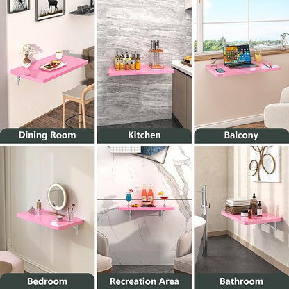 Clikuutory Pink Wall Mounted High Gloss Folding Table, Wall Desk Fold Down - Image 4