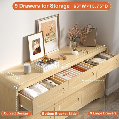 Dresser for Bedroom with 9 Drawers, Wood Closet Clothes Storage Long Dressers - Image 5