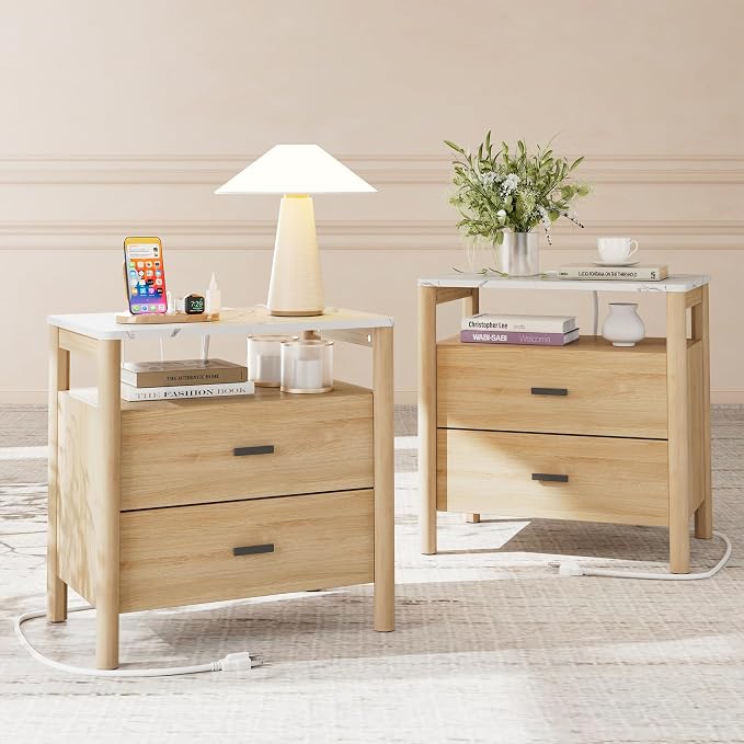 Night Stand Set of 2 with Charging Station, 2 Drawers End Table with Solid by FavourLife
