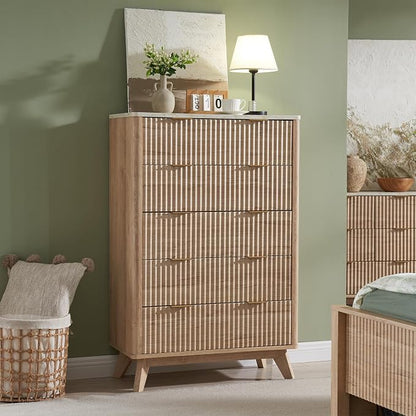 T4TREAM Fluted 5 Drawers Dresser, Curved Profile Design, Wood Drawer Organizer by T4TREAMFurniture