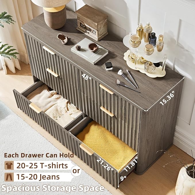 LEYAOYAO Fluted 6 Drawers Dresser Set of 2, Curved Profile Design, Dresser TV - Image 7