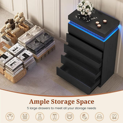 Tall Black 5 Dresser for Bedroom, Sliding Top Storage Space, Modern Wood Drawers - Image 4