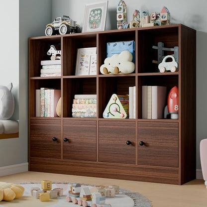 Cozy Castle Brown Wood Bookcase, 12 Cube Storage Organizer Bookshelf - Image 3