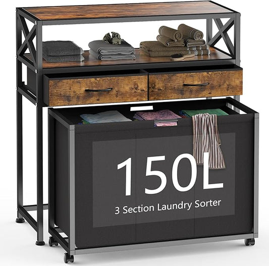 Laundry Hamper 3 Section, 150L Rolling Laundry Sorter Basket by Ollieroo