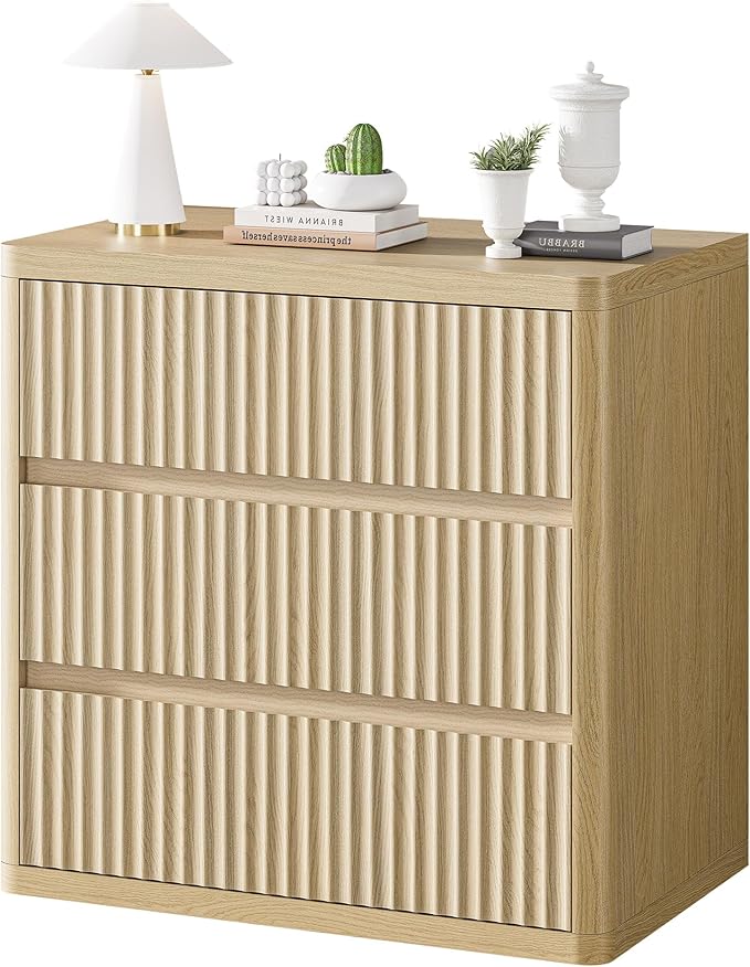 Fluted Nightstand with 3 Drawers, Wood Night Stand with Storage， 25" Wide by StandifurnoFurniture