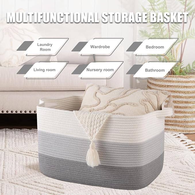 65L Large Storage Basket, Cotton Rope Woven Blanket Basket, Toy Storage - Image 4