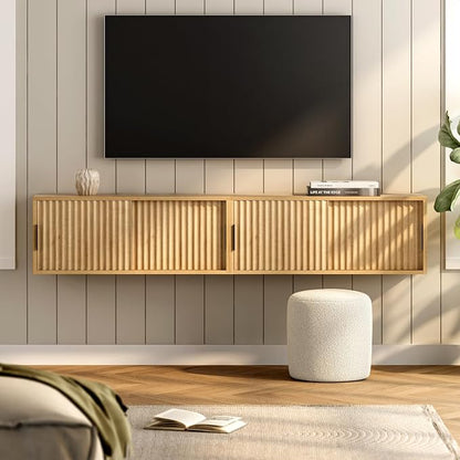 Fluted Wall Cabinet with Sliding Doors, Modern Large Floating Nightstand - Image 4
