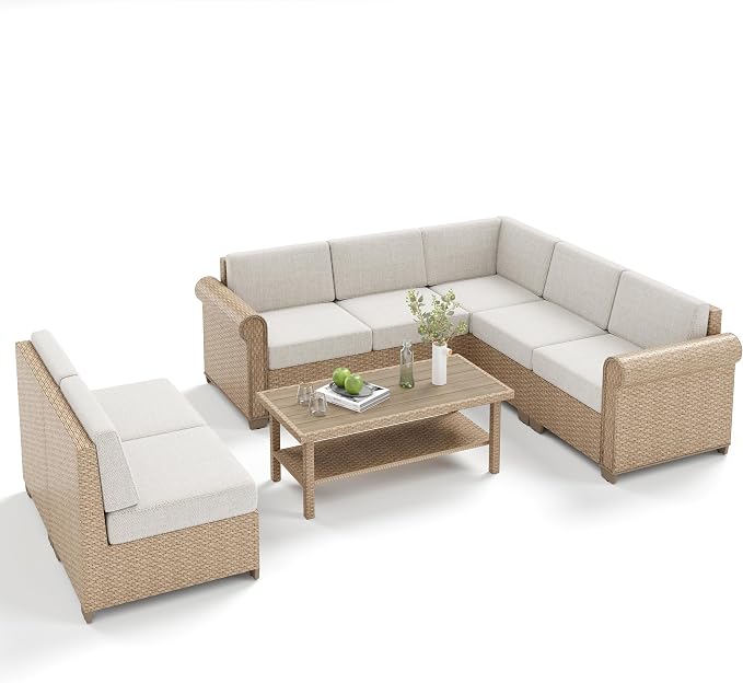 Patio Furniture Set, 8 Piece Outdoor Rattan Wicker Sectional Conversation Set - Image 9
