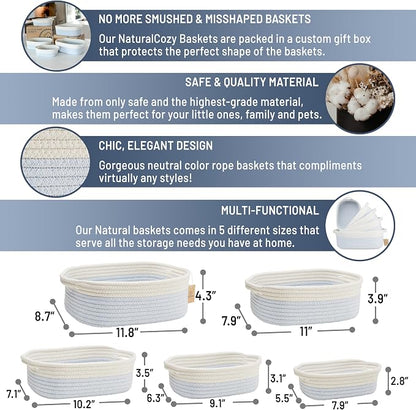 NaturalCozy 5-Piece Rectangle Storage Basket Set- Natural Cotton Rope Woven - Image 2
