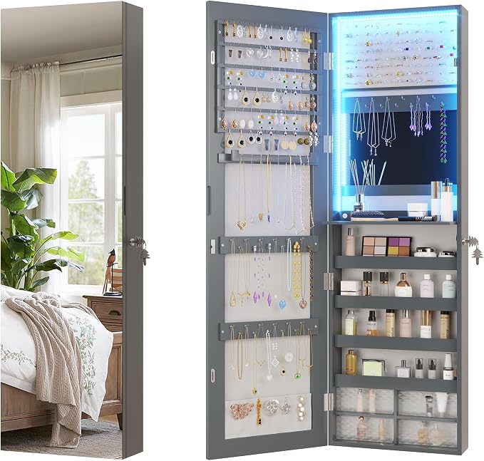 Vlsrka 47.2" LED Grey Jewelry Mirror Cabinet, Wall/Door Mounted Jewelry Armoire - Image 8
