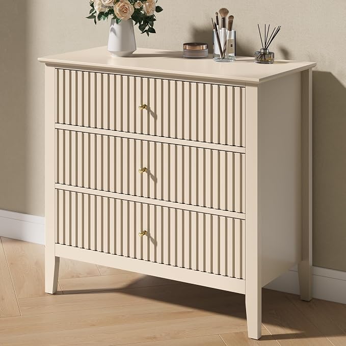 RoyalCraft Beige Fluted 3 Drawer Dresser, 32 inch Wide Dresser Nightstand by Bringyoubetterlife