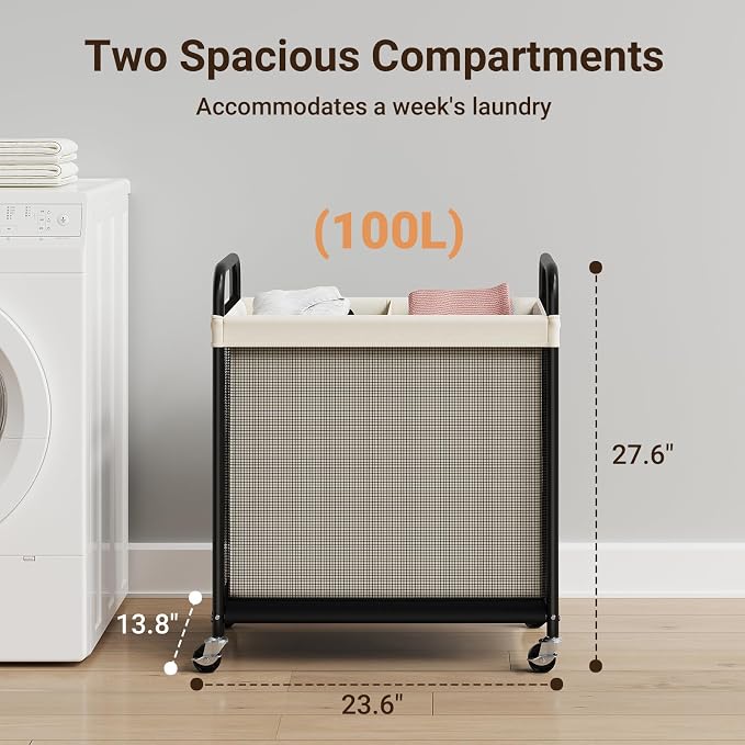 ELYKEN Laundry Hamper 2 Section, 100L Rolling Laundry Sorter - Image 3
