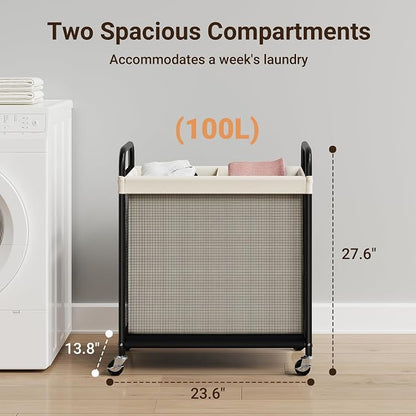 ELYKEN Laundry Hamper 2 Section, 100L Rolling Laundry Sorter - Image 3