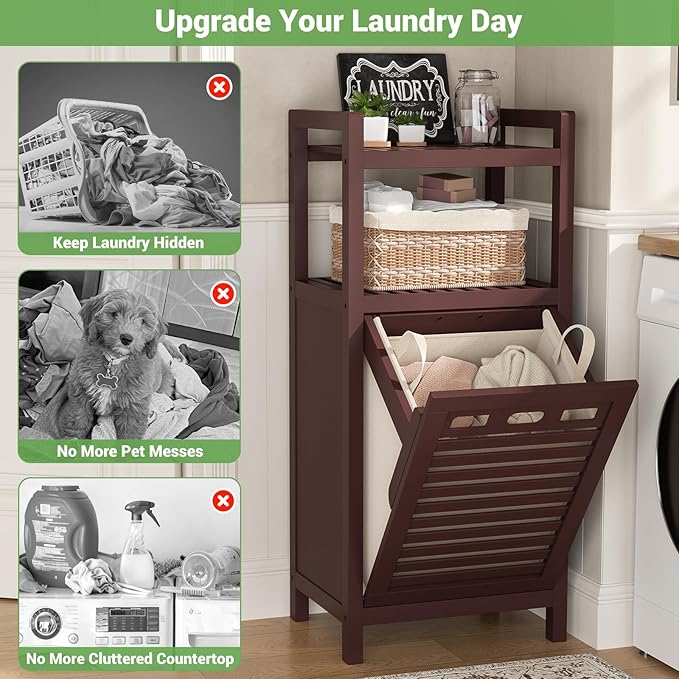 Homykic Tilt Out Laundry Hamper Cabinet, 10 Gal Bamboo Laundry Cabinet - Image 5