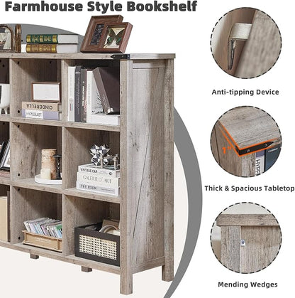9 Cube Bookcase, Farmhouse 47 Inch Wide Grey Oak Bookshelf, Wooden 3 Tier - Image 4