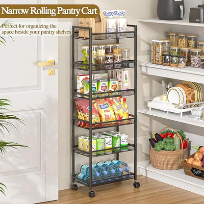 6 Tier Slim Rolling Storage Cart, Narrow Mobile Shelving Unit Organizer Utility - Image 3