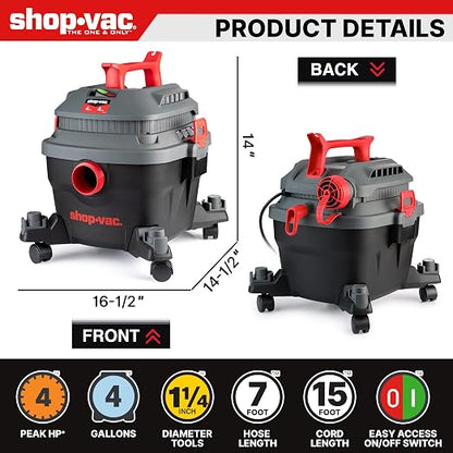 Shop-Vac 5430096 Wet/Dry Vacuum, 4 Gallon, 4 Peak HP, 1.25 Inch Diameter x 7 - Image 2