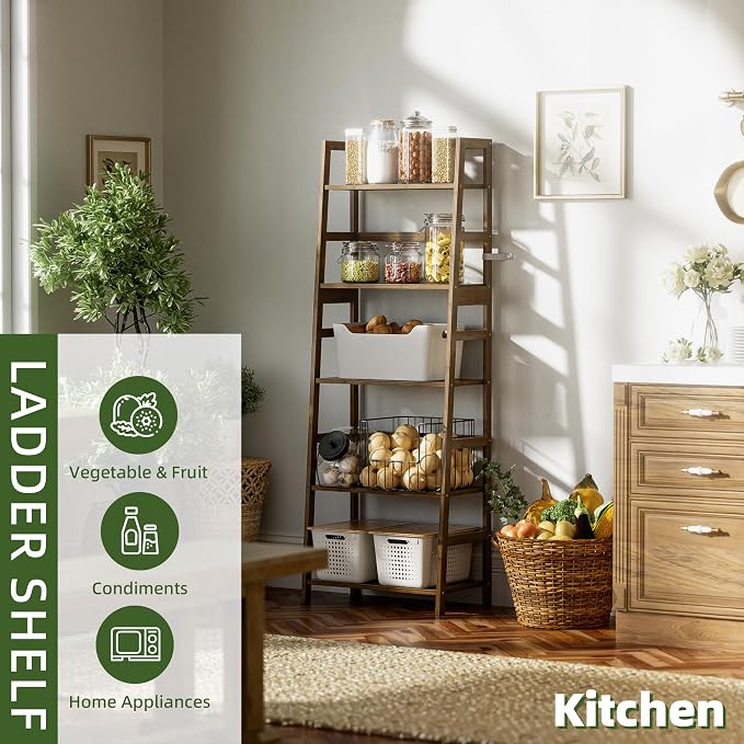 Ladder Shelf, 5-Tier Bookshelf, All Bamboo Heavy Duty Bookcase, Freestanding - Image 9