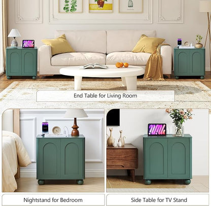 Bed Side Table with Charging Station, Mid Century Modern Nightstand with 2 Doors - Image 7