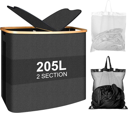 Large Laundry Hamper with Lid 205L, Collapsible 2-Section Dirty Clothes Basket by Screpreti