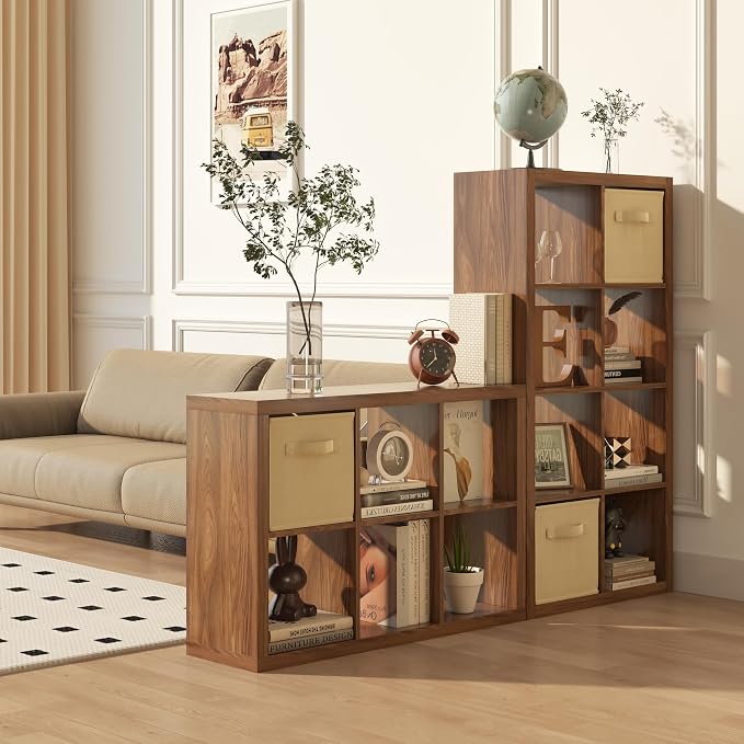 Bookshelf with Storage Bin, 4-Cube Storage Organizer, Modern Wood Open Bookcase - Image 2