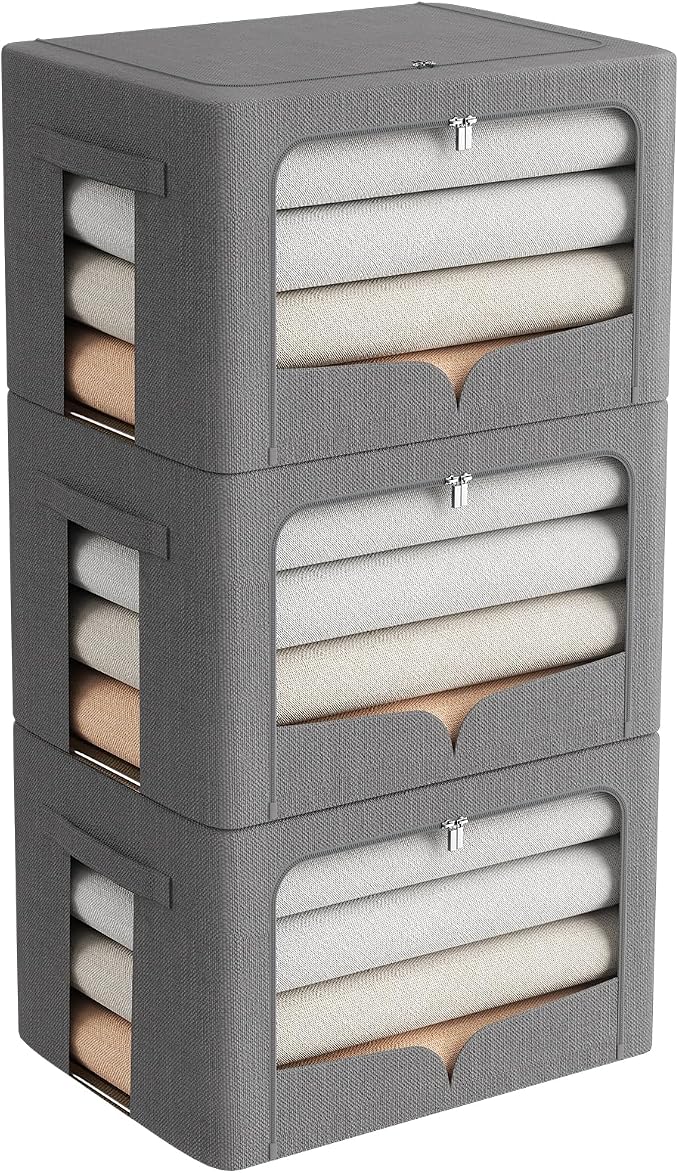 FHSQX 3 Pack Clothes Storage Bins Foldable Metal Frame Storage Box Stackable by FHSQX