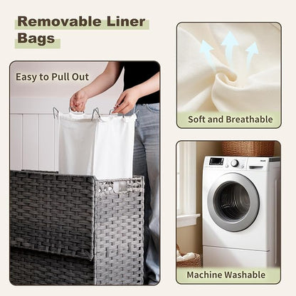 Laundry Hamper with Lid, 130L Rattan Laundry Hamper 3 Section with 50L Storage - Image 5
