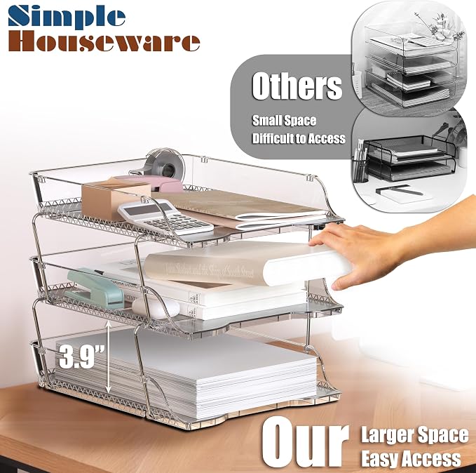 Simple Houseware 3-Tier Crystal Clear Stackable Document Letter Tray Paper - Image 2