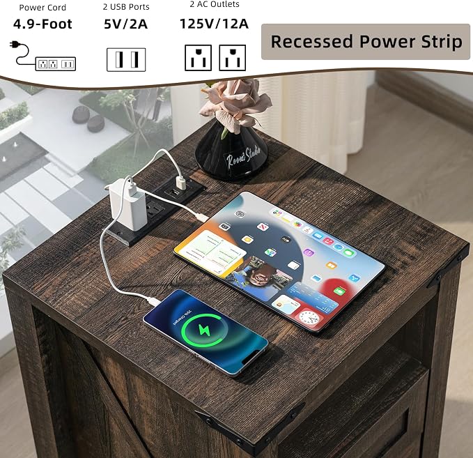 Nightstands Set of 2 with Charging Station, Farmhouse Night Stand with 2 - Image 5