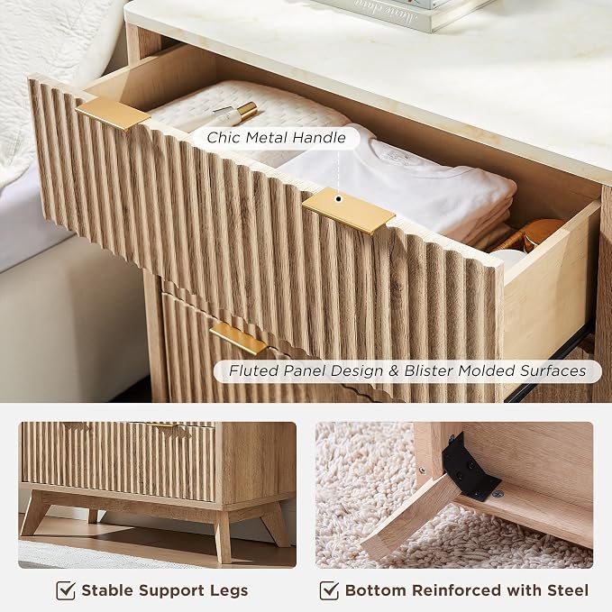 T4TREAM Fluted 3 Drawer Dresser, Curved Profile Design, Wood Drawer Organizer - Image 6