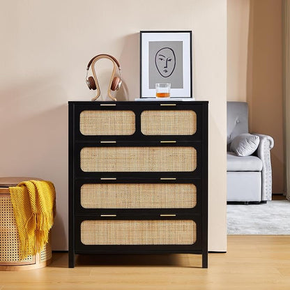 4 Drawer Dresser with Rattan Finish, Modern Farmhouse Chest of Drawers with by YUCHIATHSoulFurniture