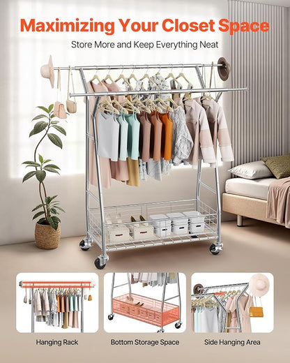VEVOR Clothes Rack, Rolling Clothing Garment Rack, Extendable Carbon Steel - Image 2