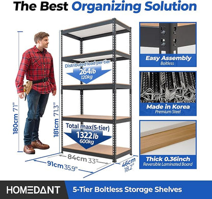 HOMEDANT 5-Tier Laminated Boltless Heavy Duty Metal Shelving Unit Adjustable - Image 2