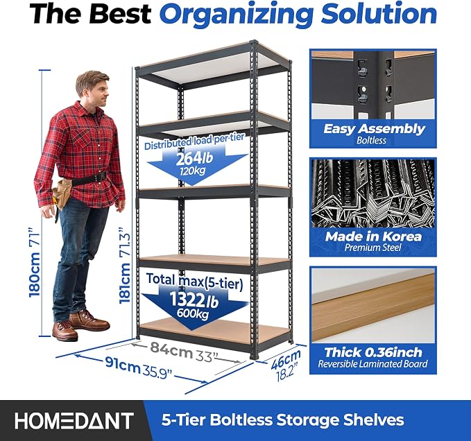 HOMEDANT 5-Tier Laminated Boltless Heavy Duty Metal Shelving Unit Adjustable - Image 2