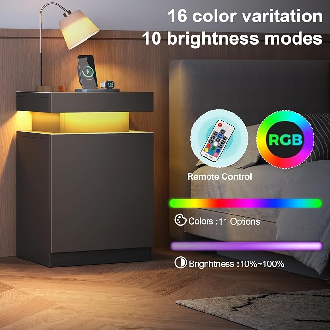 MXV Nightstand with LED Lights & Charging Station, Storage Cabinet & Drawers - Image 3