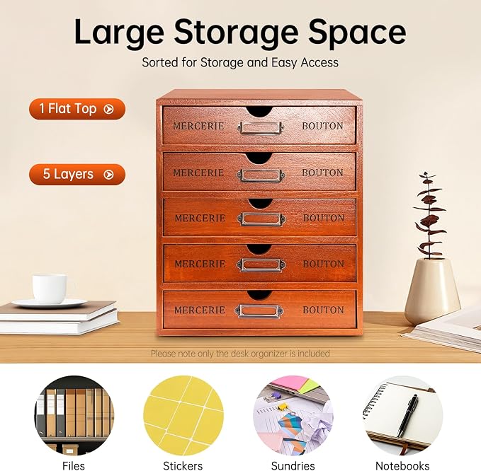 Vintage 5-Drawer Wooden Desk Organizer, Apothecary Cabinet & Library Card - Image 6